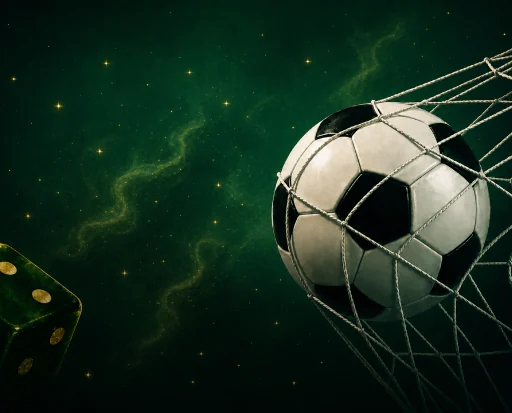 Bola de futebol entrando na rede do gol sobre fundo verde, criativo da seção de esportes da 7Games